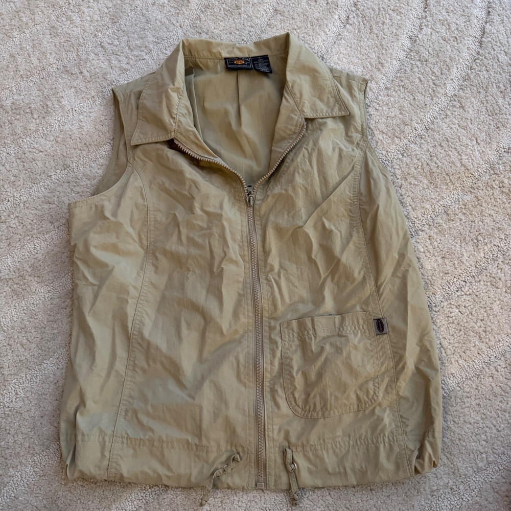 VTG Route 66 Mens Tan Khaki Nylon Utility Vest Full Zip Collared Drawstring XL